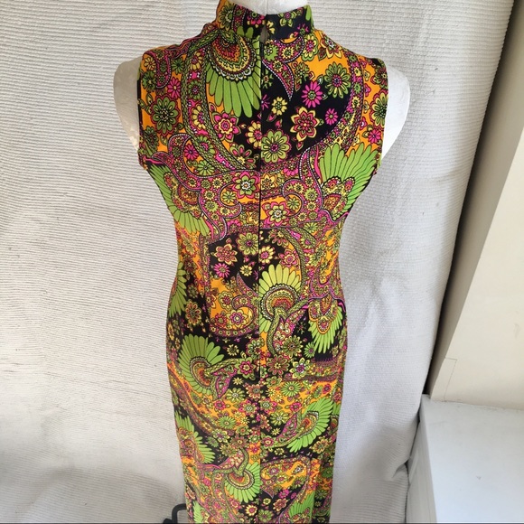 Vintage 60s 70s Paisley Print Neon Long Maxi Dress - Picture 3 of 8